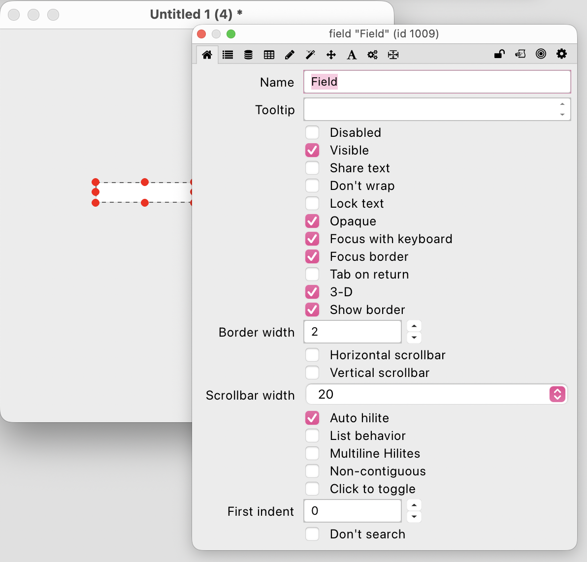 A field selected in edit mode with Property Inspector open