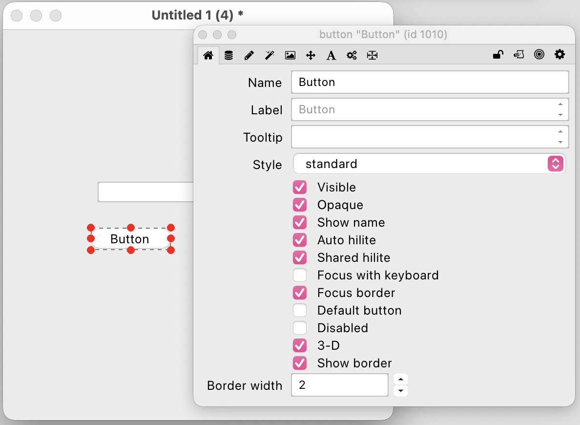 A button selected in edit mode with Property Inspector open