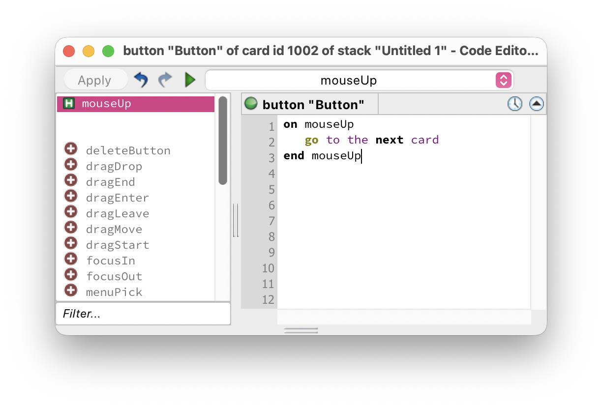 The Script Editor showing a mouseUp handler