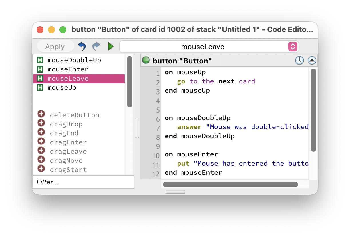 Script Editor showing multiple handlers in the handler list
