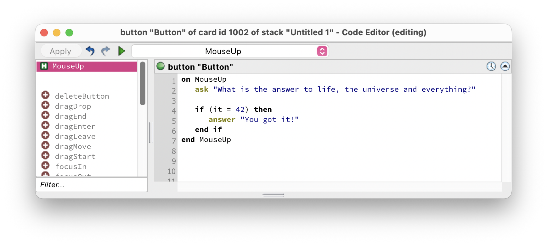 Script editor showing a simple if/then handler