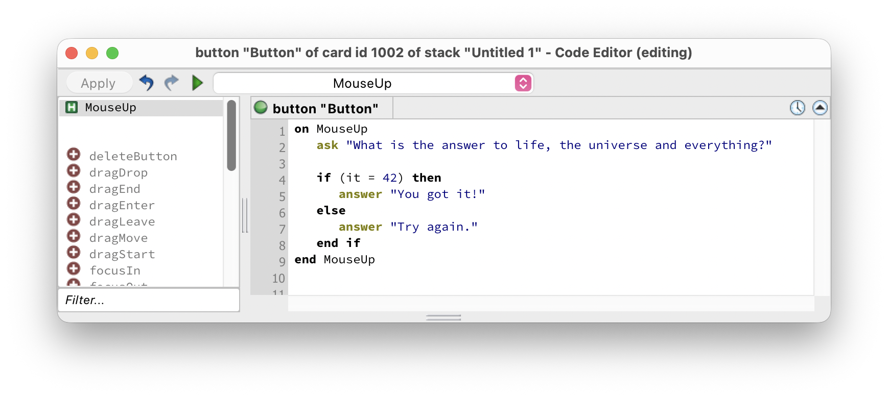 Script editor showing if/then/else