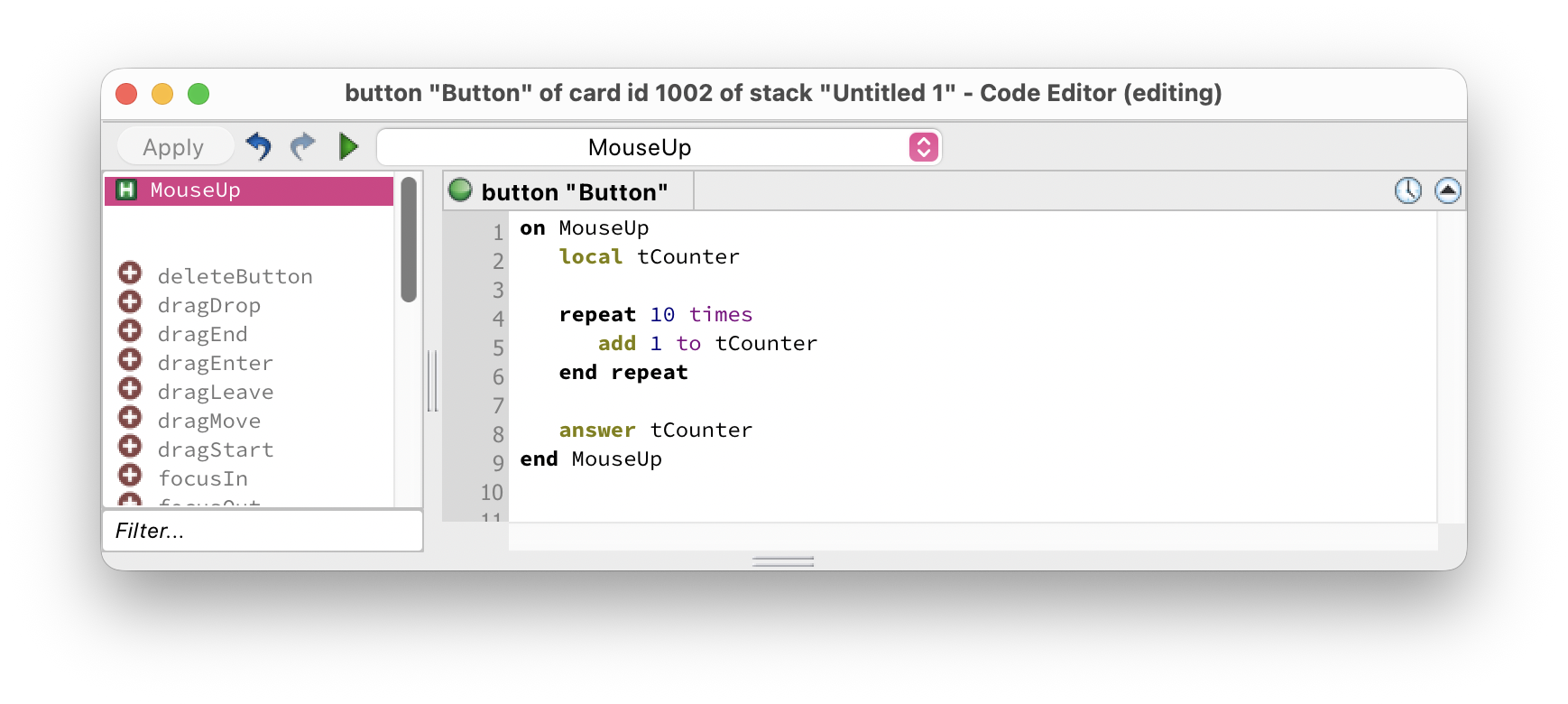 Script editor showing a repeat X times loop