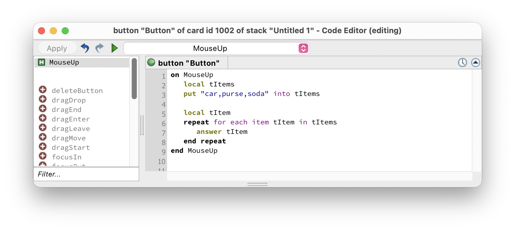 Script editor showing a repeat for each loop over a list