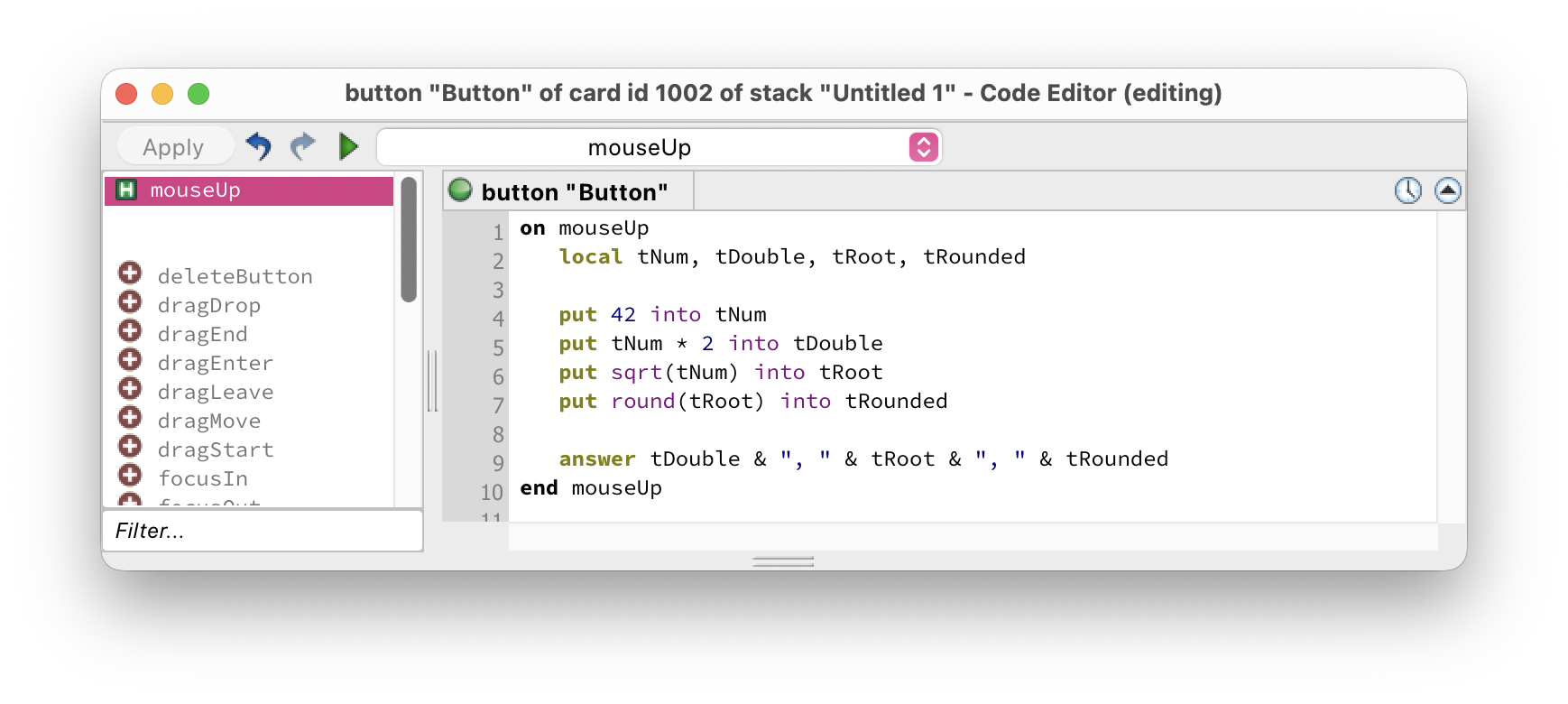 Script editor showing number operations