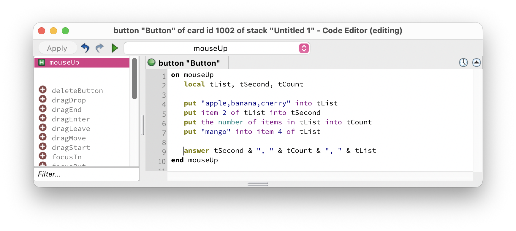 Script editor showing list operations