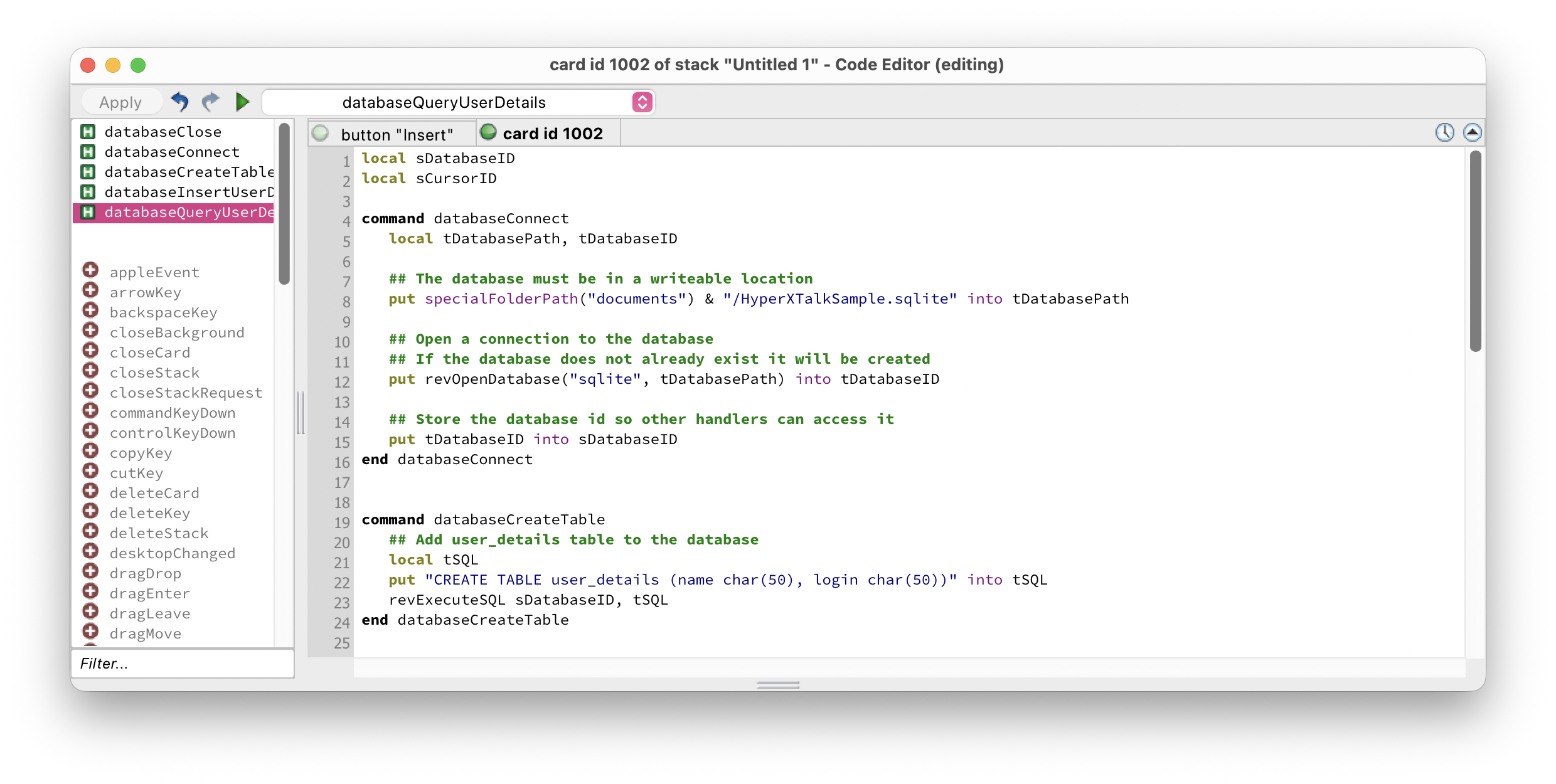 Script editor showing databaseConnect and databaseCreateTable handlers