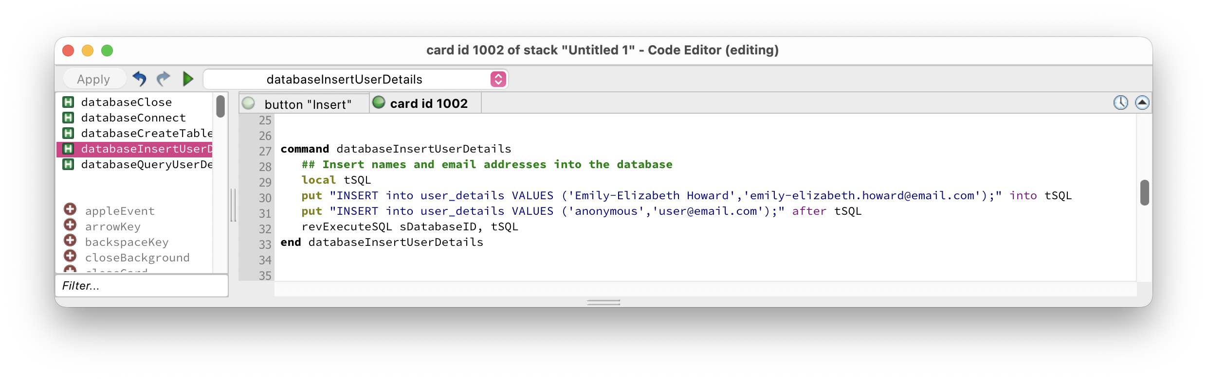 Script editor showing the databaseInsertUserDetails handler