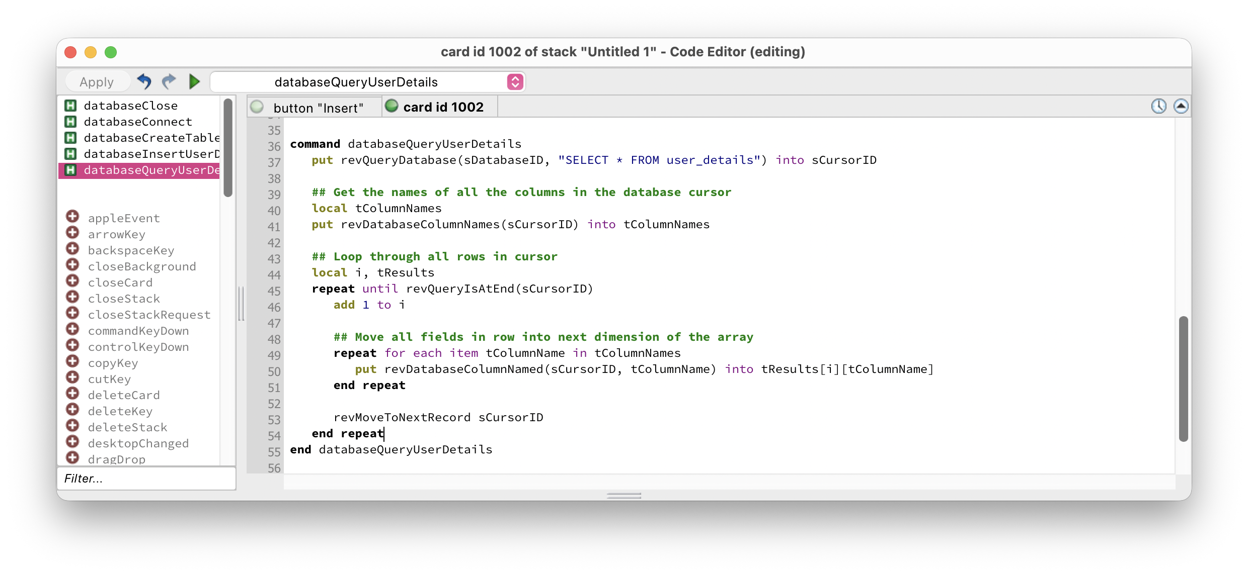 Script editor showing the databaseQueryUserDetails handler