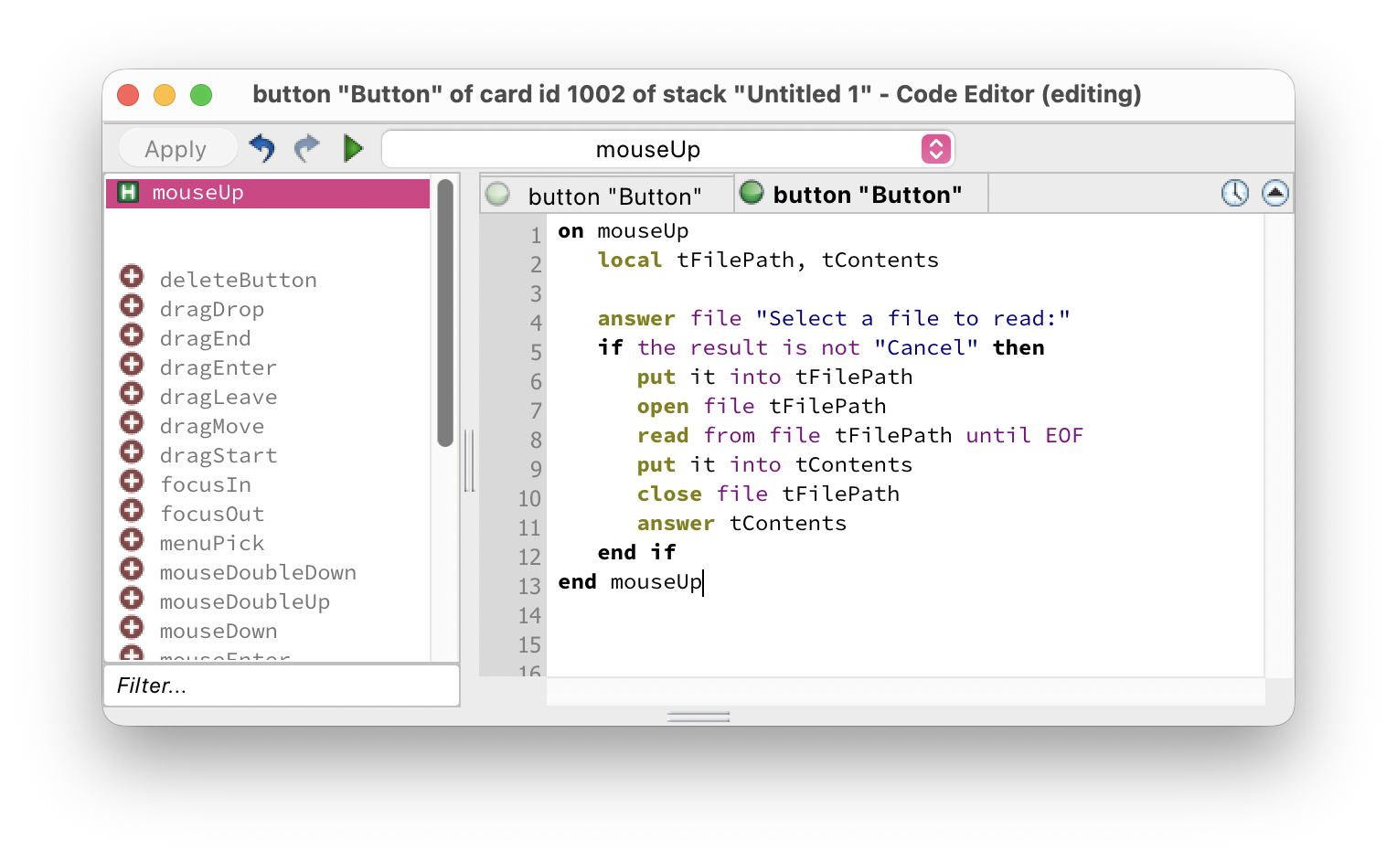Script editor showing a file reading handler