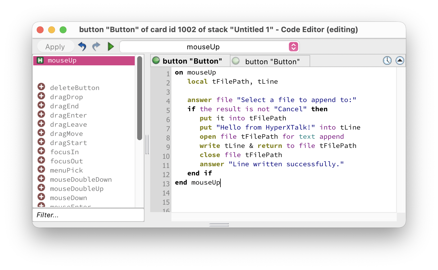 Script editor showing a file writing handler
