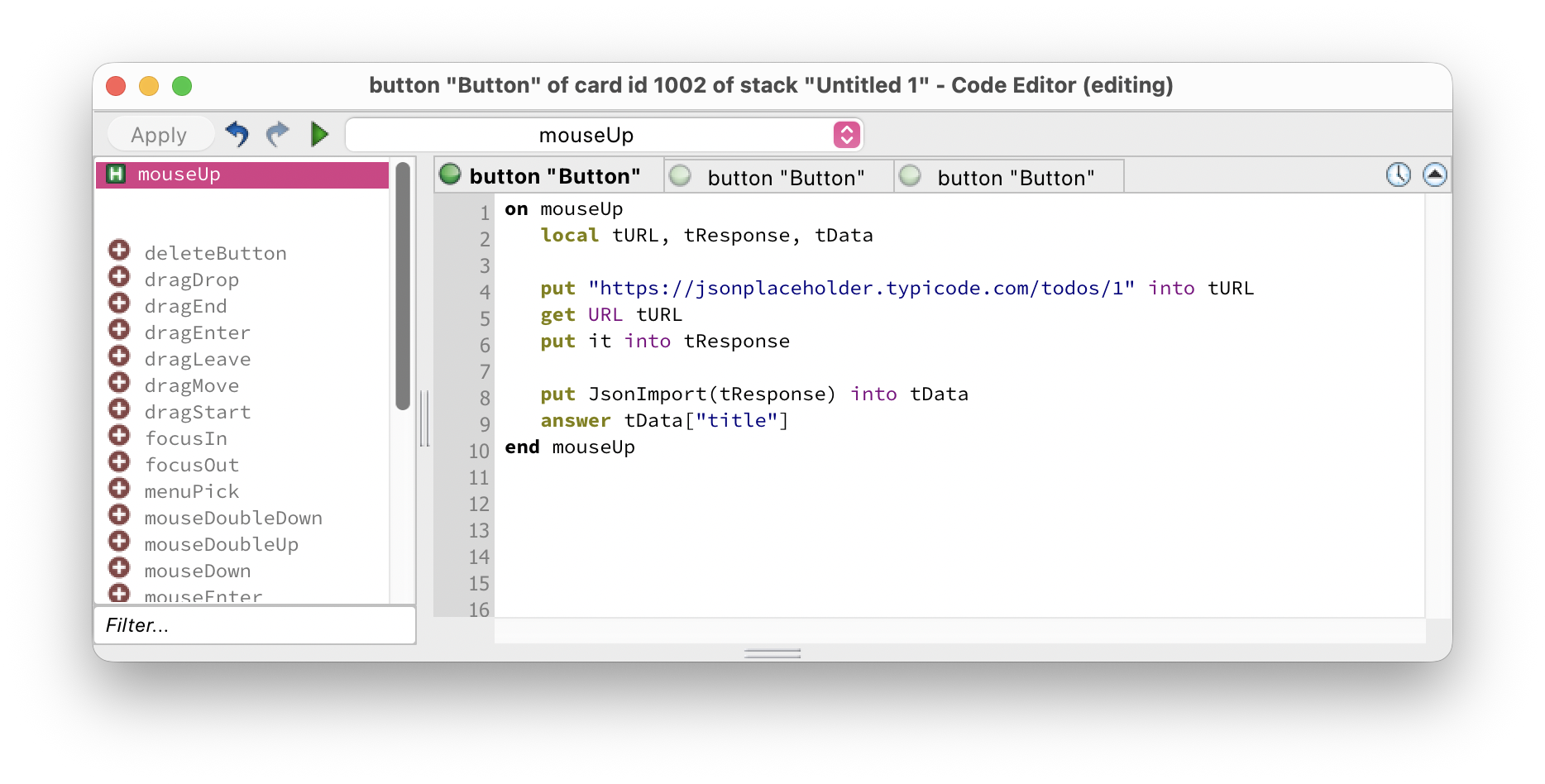 Script editor showing GET with JsonImport