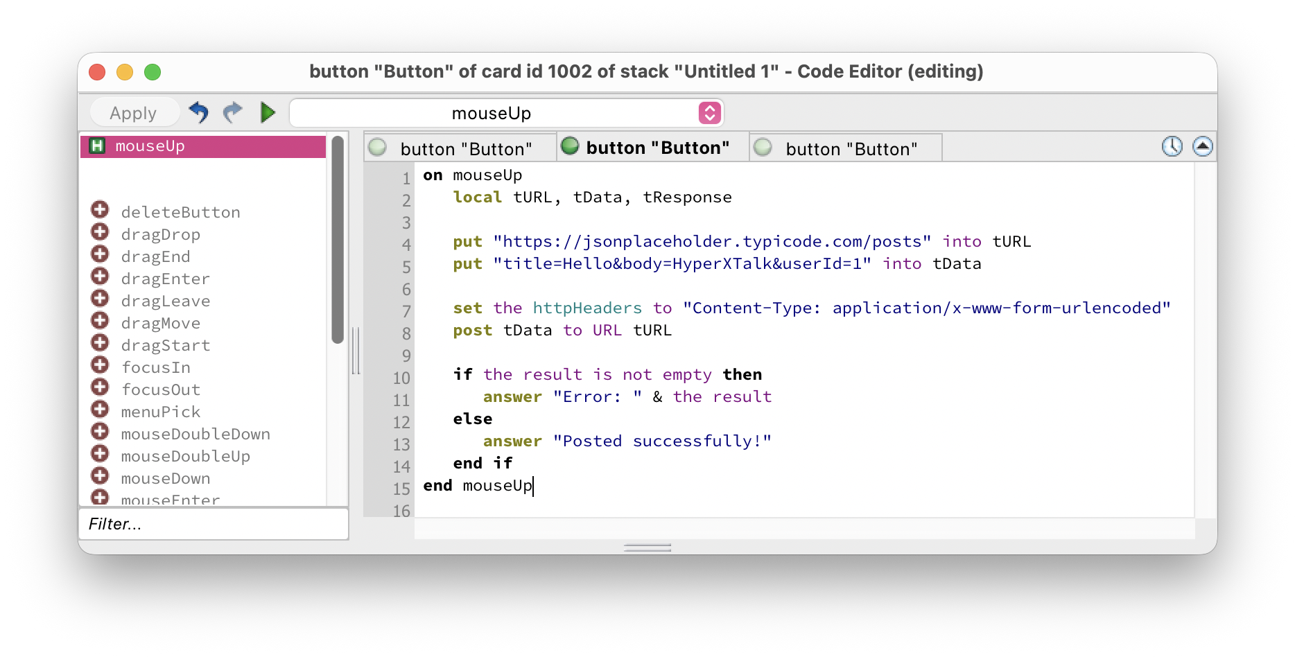 Script editor showing a POST request with headers and error handling