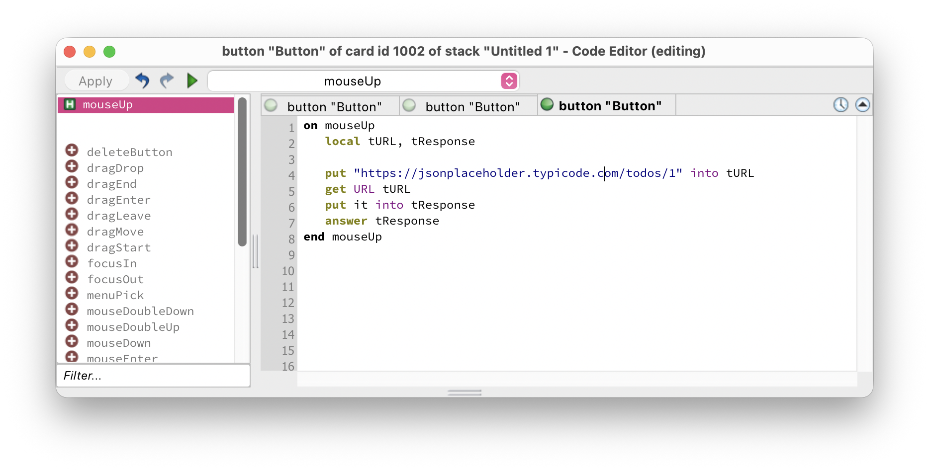 Script editor showing a simple GET request