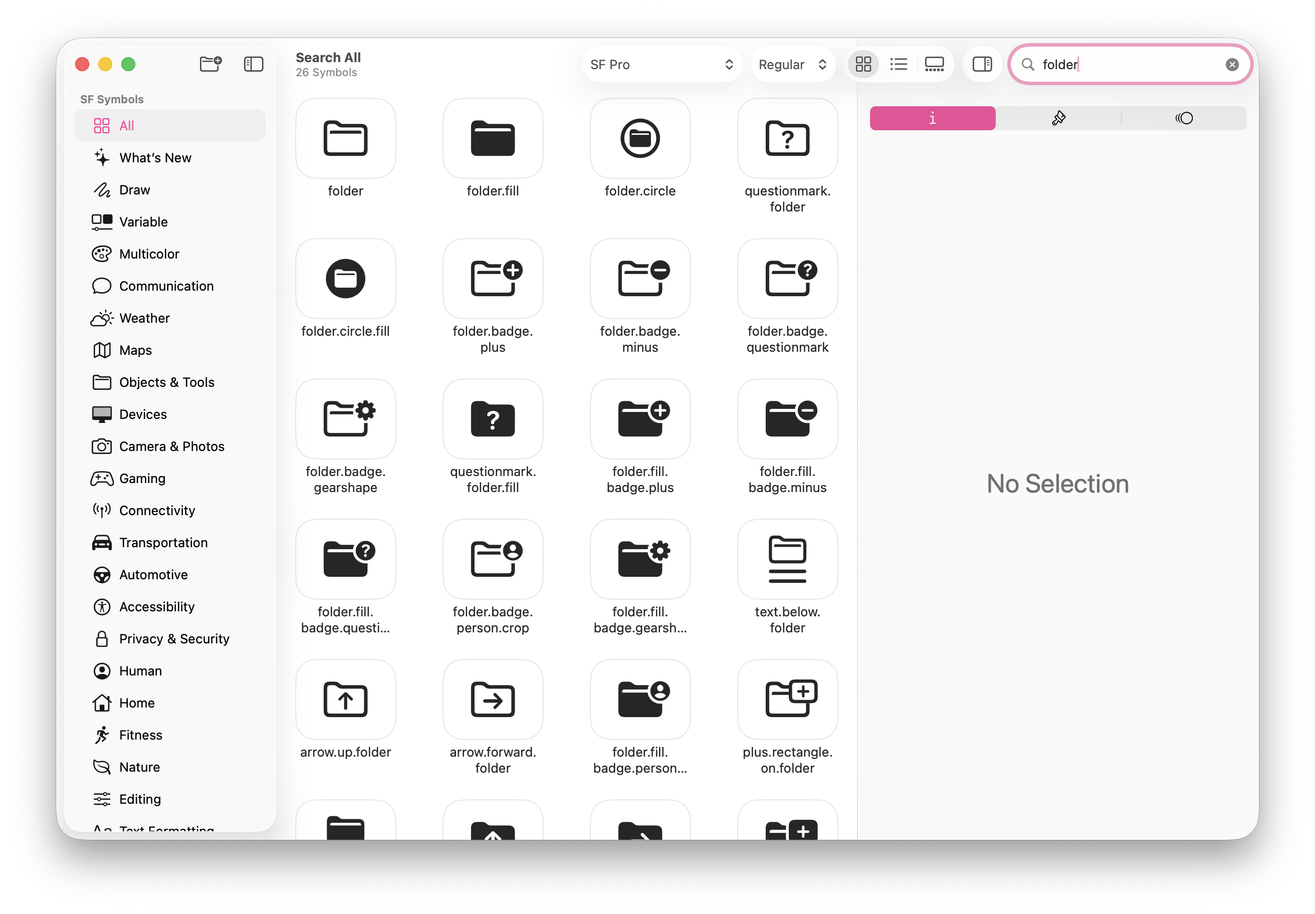 The SF Symbols app with folder searched, showing many folder icon variants with their names